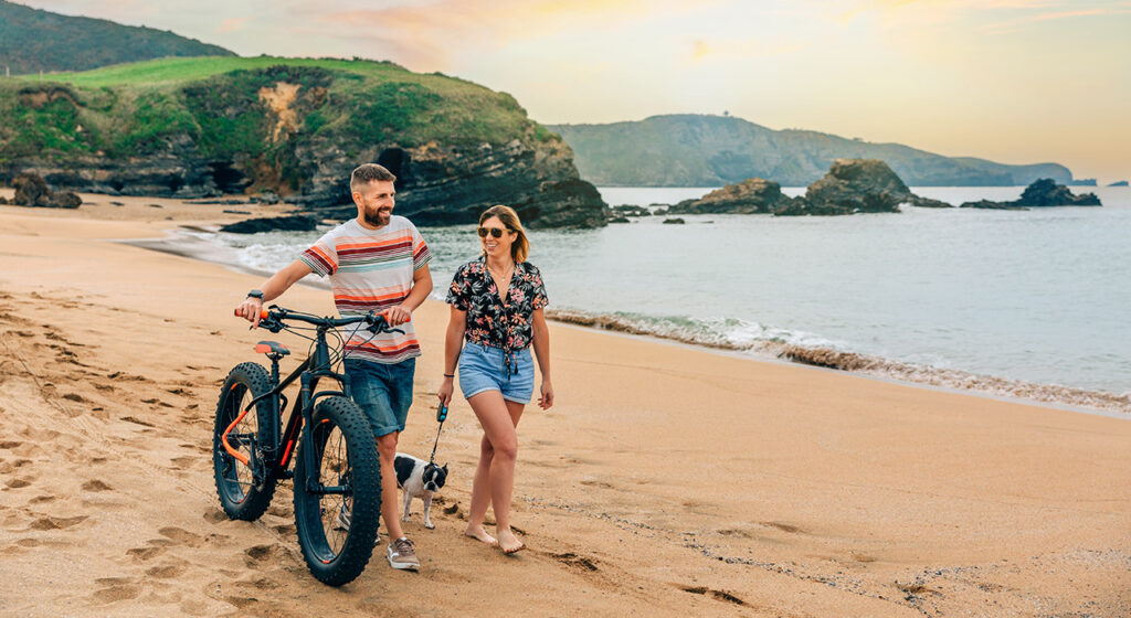 Couple with a fat bike taking a walk on the beach with their dog